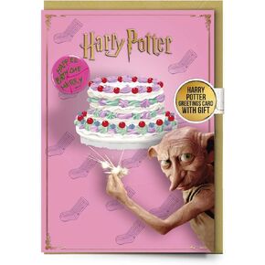 Harry Potter Dobby Happy Birthday Cake Greetings Card with Button Badge, Pink