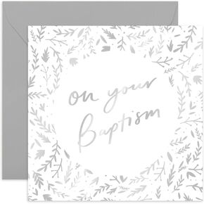 Old English Co. On Your Baptism Day Floral Card - Silver Foil Religious Faith Card for Boy or Girl | Celebrate Special Day of Family and Friends | Blank Inside & Envelope Included