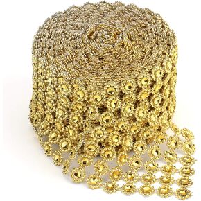 Foraineam 10 Yards / 30 Feet Golden Diamond Ribbon Wrap Faux Rhinestone Crystal Ribbon Flower Shape Mesh Wrap Roll for Event Party Wedding Decoration