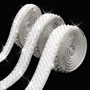 TIESOME 3 Rolls Pearl Rhinestone Ribbon, 3 Sizes Self Adhesive Rhinestone Strips Bling Diamond Ribbon Stickers Crystal Pearl Strips Rhinestone Strips Pearl Trim for Wedding Birthday Party Decorations
