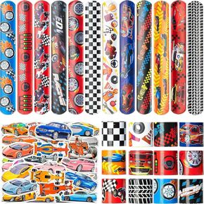Haooryx 74PCS Racing Car Slap Bracelets 50PCS Race Car Stickers Party Favors Racing and Speed Themed Wristband Checkered Flags Slap Bracelets for Kids Car Birthday Party Classroom Rewards Supplies