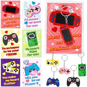 BainGesk 30 Pack Game Console Keychain with Cards, Valentines Day Exchange Prizes for School, Party Favors, Kids Classroom Gifts