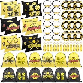 Paterr 60 Pcs Softball Party Favors Softball Gifts 12 Softball Drawstring Bag 12 Softball Makeup Bags 12 Softball Lipstick Holder 12 Hair Scrunchies 12 Bracelet for Softball Party (Cute Style)