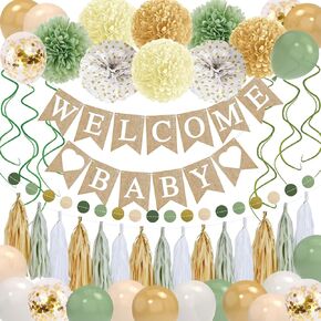 Sage Green Baby Shower Decorations Olive Green Balloon Garland Kit Welcome Baby Banner Balloons Pom Poms Flowers Tassels Circle Dots Star Garland for Gender Neutral Baby Shower Supplies