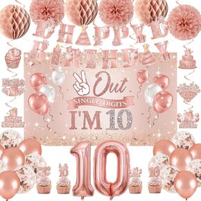 Holkcog Rose Gold 10th Birthday Decorations for Girl Peace Out Single Digits Party Decor, Out Single Digits I’m 10 Banner 10th Cake Topper, Number 10 Balloon for Girl Double Digits Party Supplies