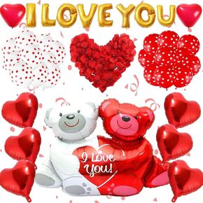 1062Pcs Valentine's Day Balloons Decoration Set, 1000 Red Rose Leaves, Love Heart Balloons, Love Bear Balloons, I Love You Balloons, Red Heart Balloons, Romantic Decor for Wedding Anniversary