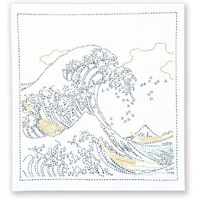 Olympus Sashiko Kit Including Cloth Pre-Printed a Pattern of Ukiyoe The Great Wave Kanagawa、Sashiko Needle、Sashiko Thread、Instractions in English