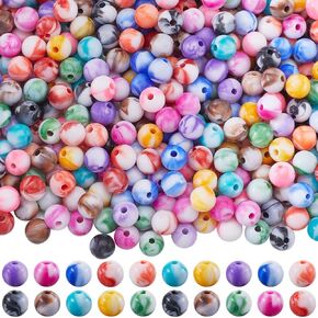 500Pcs Round Pattern Beads 8mm Acrylic Beads Ball Opaque Colorful Assorted Ink Smooth Small Marble Swirls Loose Spacer Bead for Jewelry Making Bracelets Necklaces Earrings Supplies DIY Craft