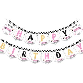 Sursurprise Race Car Birthday Decorations for Girls, Race Car Happy Birthday Banner Pink, Let's Go Racing Birthday Party Supplies
