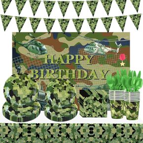 Camo Birthday Party Decorations Camouflage Birthday Banner Backdrop Camo Party Supplies Plastic Tablecloth Dinnerware Paper Plates Napkins Cups for Boys Men Army Military Party Decor Favors 16 Guests