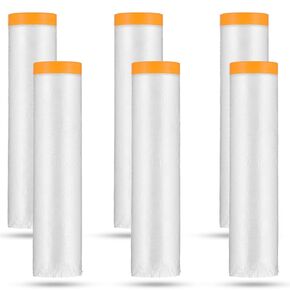 6 Rolls Painters Plastic With Tape, Pre-Taped Masking Film, Automotive Best Tape and Drape, Paint Adhesive Protective Film Roll for Covering Skirting, Frames, Cars and Auto Body (6.5 X 60 FT)