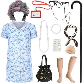 17pcs Old Lady Costume for Kids Girls 100 Day of School Costume Girls Kids Grandma Costume Old Women Dress Up