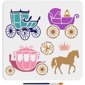 MAYJOYDIY 3 Styles Carriage Stencil 11.8×11.8inch Vintage Horse Carriage Stencils with Paint Brush King Crown Princess Carriage Drawing Template for Craft Furniture Fabric Wall