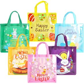 6PCS Happy Easter Egg Hunt Bags Easter Bunny Carrot Chick Egg Gift Bags with Handles, Easter Treat Bags, Multifunctional Non-Woven Easter Bags for Gifts Wrapping, Easter Party Supplies , 13×13×4inch