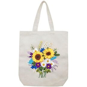 White Canvas Cotton Tote Bag Ribbon Embroidery Kit,Sunflowers Bonquet Art Pattern,Cross Stitch Kits Stamped Embroidery Bag with Hoops,Needle, Instruction Manual and Color Threads for Beginner