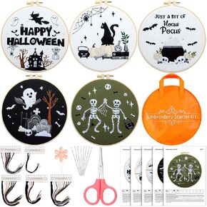 Tigeen 5 Sets Halloween Scene Embroidery Kits for Starter Beginners Adult Halloween Cross Stitch Ornament Kit with Instruction Embroidery Hoop Needle Storage Bag Colored Thread Needle Threader