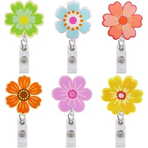 Flower Badge Reel Floral Badge Holder Retractable ID Name Clip Tag for Spring Nurses Teachers Gifts Office Supply 6Pcs