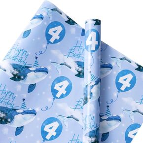 RUSPEPA 5th Birthday Wrapping Paper - Mini Roll - Blue Whale Pattern with 5" Design for Boy's Birthday, Ocean-themed Party and More - 17 inches x 16.4 feet - 5 Years Old