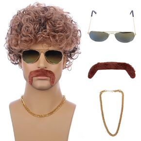 Kids 80s 70s Wig with Bangs Short Curly Wavy Wigs for Kids Dark Brown Wig Child Disco Cosplay Wig Synthetic Wigs with Wig Cap Glasses Mustache and Chain