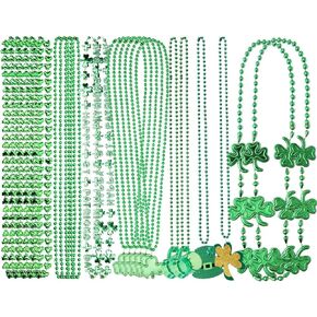 CHOIEO 24 Pcs St. Patrick's Day Green Necklaces Party Favors Supplies Set, Mug Beads Necklaces Green Shamrock Necklaces Green Hat Necklaces for Irish Festival, Good Luck