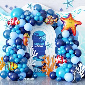 Pagebo Ocean Animals Balloon Arch Kit-120pcs منتصف الليل الأزرق الأزرق الأزرق الأزرق مع بالونات حيوانات المحيطات المختلفة لحفلة عيد الميلاد