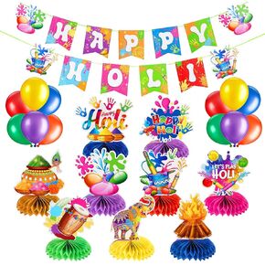 41 Pcs Holi Decorations Indian Festival Happy Holi Party decorations Including 2 Happy Holi Banners 9 Pcs 6 Inches Honeycomb Centerpiece 30 Latex Balloons for Colored Chalk Powder Party Supplies