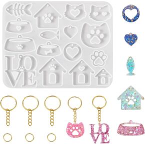 Beadthoven 41pcs DIY Keychain Silicone Molds Kit, Cat Dog Tag Resin Mold Paw Print Fish Pet Collar Tags Epoxy Resin Casting Molds with Key Rings & Jump Rings for DIY Keychain Pendants Jewelry Making