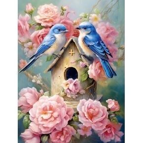 DIY 5D Diamond Art Painting Kits Blue Robin Birds with House Full Drill Round Diamond Art Paint by Number Kits for Beginner Embroidery Cross Stitch for Wall Decoration(30x40cm)