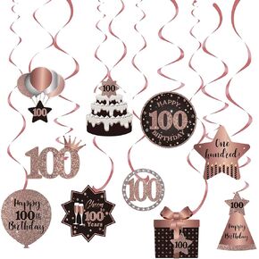 Happy 100th Birthday Party Hanging Swirls Streams Ceiling Decorations, Celebration 100 Foil Hanging Swirls with Cutouts for 100 Years Old Rose Gold Birthday Party Decorations Supplies