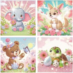 4 Pack Diamond Painting Kits for Beginner - DIY Cartoon Animals Full Drill Diamond Art Kits for Adults Beginner, Cute Animals Diamond Dots Painting Picture Arts Craft for Home Wall Decor 6x6 Inch