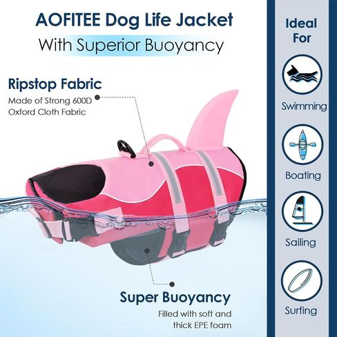 AOFITEE Dog Life Jacket Shark Dog Life Vest for Swimming Boating, M in Saudi Arabia
