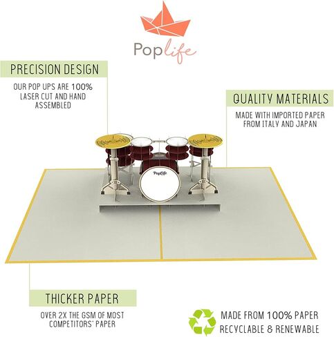 PopLife Drum Kit 3D Pop Up Card - Musician Birthday Card, Retirement Party, Father's Day, Rock Band Present, Music School Graduation - for Son, for Husband, for Dad, for Grandson, for Drummer in Kuwait