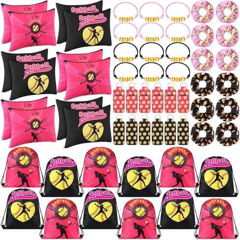 Paterr 60 Pcs Softball Party Favors Softball Gifts 12 Softball Drawstring Bag 12 Softball Makeup Bags 12 Softball Lipstick Holder 12 Hair Scrunchies 12 Bracelet for Softball Party (Cute Style) in Saudi Arabia