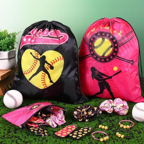 Paterr 60 Pcs Softball Party Favors Softball Gifts 12 Softball Drawstring Bag 12 Softball Makeup Bags 12 Softball Lipstick Holder 12 Hair Scrunchies 12 Bracelet for Softball Party (Cute Style) in Saudi Arabia