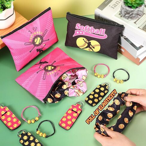 Paterr 60 Pcs Softball Party Favors Softball Gifts 12 Softball Drawstring Bag 12 Softball Makeup Bags 12 Softball Lipstick Holder 12 Hair Scrunchies 12 Bracelet for Softball Party (Cute Style) in Saudi Arabia