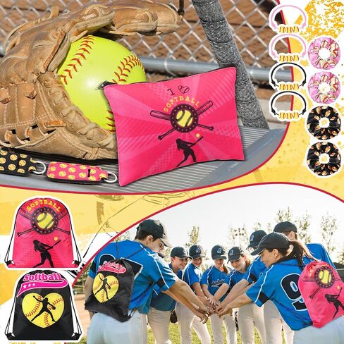 Paterr 60 Pcs Softball Party Favors Softball Gifts 12 Softball Drawstring Bag 12 Softball Makeup Bags 12 Softball Lipstick Holder 12 Hair Scrunchies 12 Bracelet for Softball Party (Cute Style) in Saudi Arabia