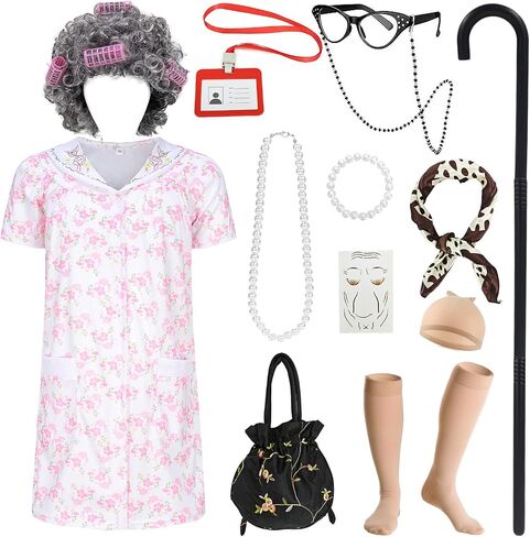 17pcs Old Lady Costume for Kids Girls 100 Day of School Costume Girls Kids Grandma Costume Old Women Dress Up in Saudi Arabia