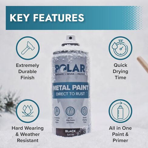 Polar Satin Black Direct to Rust Spray Paint - 2 x 13.5fl oz - Protect and Stop Rust & Corrosion - Primer, Undercoat, Topcoat - Quick Dry Formula - Ideal for Metal, Wood, Plastic and Ceramic Surfaces in Saudi Arabia