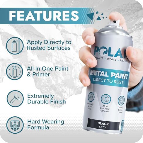 Polar Satin Black Direct to Rust Spray Paint - 2 x 13.5fl oz - Protect and Stop Rust & Corrosion - Primer, Undercoat, Topcoat - Quick Dry Formula - Ideal for Metal, Wood, Plastic and Ceramic Surfaces in Kuwait