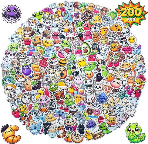 200 Pcs Kids Stickers | Colorful Animal & Food Character | Vinyl Sticker Pack for Water Bottles, Laptops, Scrapbooking, Christmas, School Project | Best Sticker Gift for Teens & Adults | Chibi Kawaii in Saudi Arabia