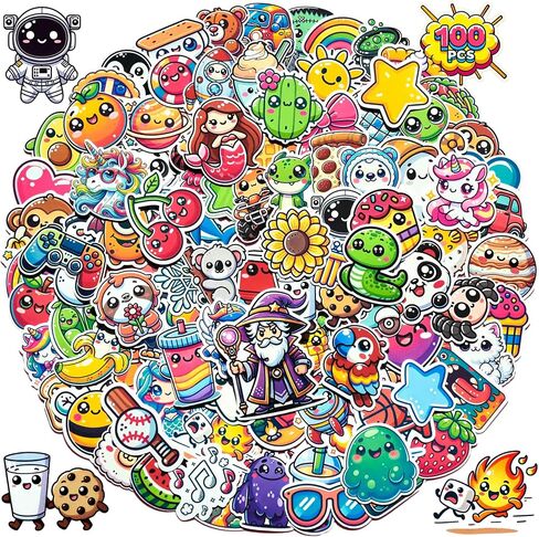 200 Pcs Kids Stickers | Colorful Animal & Food Character | Vinyl Sticker Pack for Water Bottles, Laptops, Scrapbooking, Christmas, School Project | Best Sticker Gift for Teens & Adults | Chibi Kawaii in Saudi Arabia