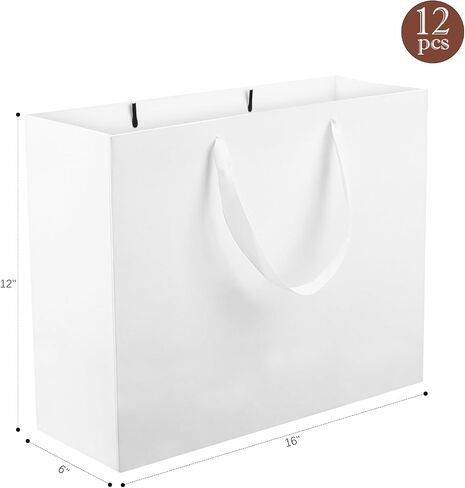 12 pcs Kraft Gift Bags Bulk Extra Large Size 16x6x12 Inches, White Kraft Paper Shopping Bags with Ribbon Handles, Party Favor Bags, Shopping Bags, Retail Bags, Wedding Bags in Saudi Arabia