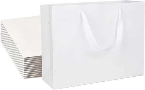 12 pcs Kraft Gift Bags Bulk Extra Large Size 16x6x12 Inches, White Kraft Paper Shopping Bags with Ribbon Handles, Party Favor Bags, Shopping Bags, Retail Bags, Wedding Bags in Saudi Arabia