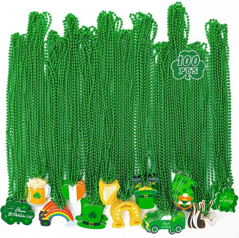 100PCS St Patricks Day Necklace Accessories, Irish Green St. Patrick's Day Bead Necklace, 12 Kinds Irish Saint Patricks Day Element Pendant Necklaces Bulks, Green Necklace Parade Throws Party Favor in Saudi Arabia