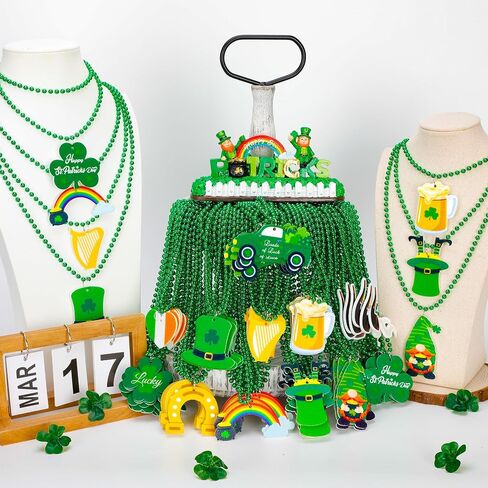 100PCS St Patricks Day Necklace Accessories, Irish Green St. Patrick's Day Bead Necklace, 12 Kinds Irish Saint Patricks Day Element Pendant Necklaces Bulks, Green Necklace Parade Throws Party Favor in Saudi Arabia