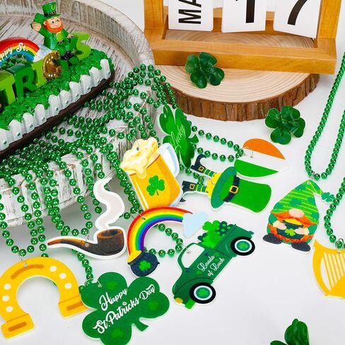 100PCS St Patricks Day Necklace Accessories, Irish Green St. Patrick's Day Bead Necklace, 12 Kinds Irish Saint Patricks Day Element Pendant Necklaces Bulks, Green Necklace Parade Throws Party Favor in Saudi Arabia