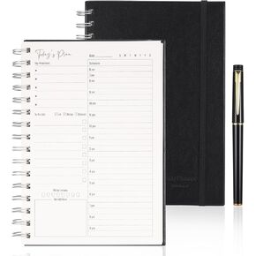 Undated Daily Planner A5, Undated Productivity Organiser Planner with Schedule, To Do List Notebook with Pen, Leather Hardcover, Inner Pocket, Spiral Planner for Work, Students, Home