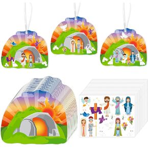 WATINC 40Pcs Easter Resurrection Scene Hanging Ornaments, Make A Christ Jesus Embellishments Craft with Sticker for Kids, Religious Decoration with String for Tree, Holiday Party Favors Decor Supplies