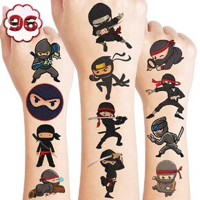 96 PCS Ninja Karate Tattoos Temporary Themed Theme Birthday Party Decorations Supplies Favors Decor 8 Sheets Cute Tattoo Stickers Sticker Gifts for Kids Girls Boys School Rewards Carnival Christmas