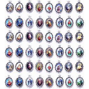 60pcs Mix Picture Cross Jesus Virgin Mary Catholic Enamel Our Lady Miraculous Medal Floral Rosary Alloy Crucifix Charms Pendant for Jewelry making